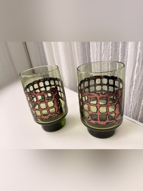 Libbey Other - RARE VTG Libbey Signed 2 Green Glass Tumblers Copper Monogram MCM 1970s Barware